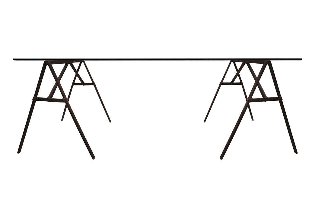Industrial Iron Sawhorse And Glass Desk