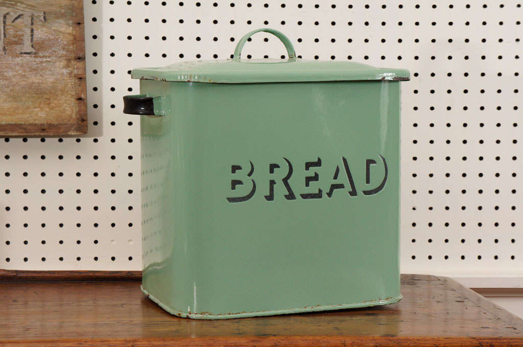 We love bread bins at Painted Porch, but prefer ones of color, other than white. This is a stunning soft green color with black painted handles and appropriately worn. a great storage item and display item for a kitchen