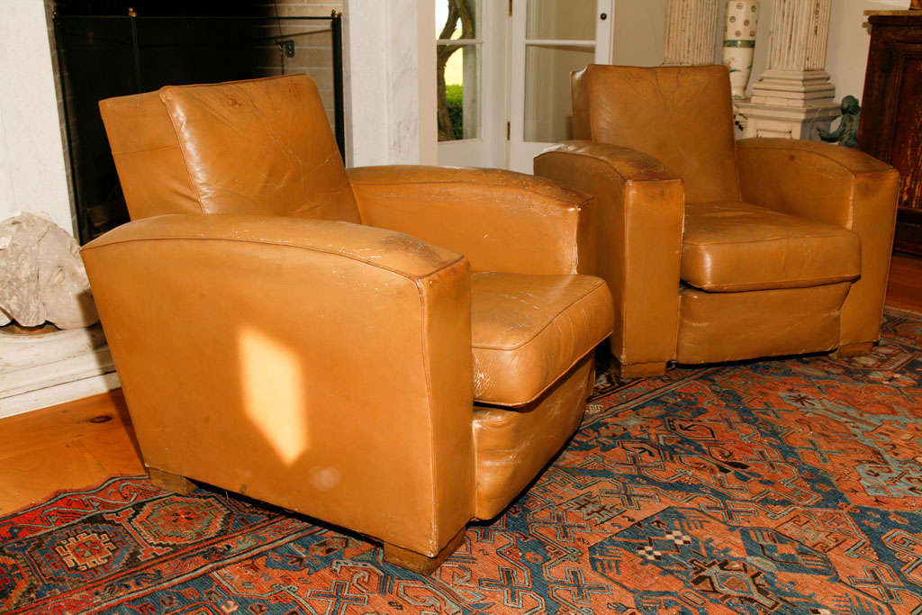 Mid-20th Century French 1940's Leather Club Chairs For Sale