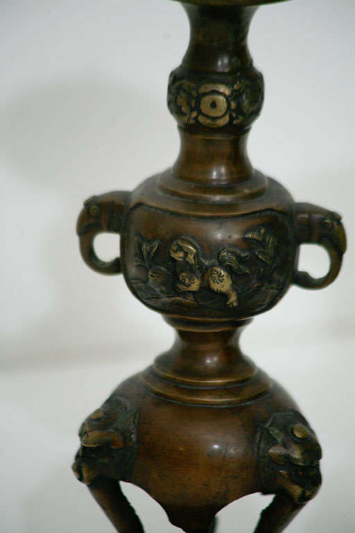 Two Japanese Antique Buddhist Home Shrine Candle Holders In Excellent Condition For Sale In So. Egremont, MA