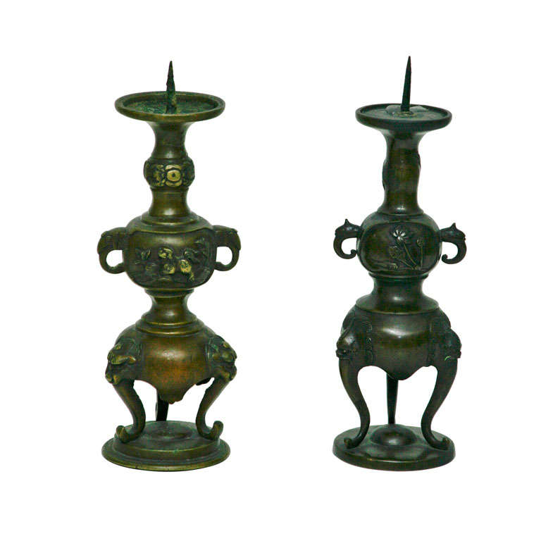 Two Japanese Antique Buddhist Home Shrine Candle Holders For Sale