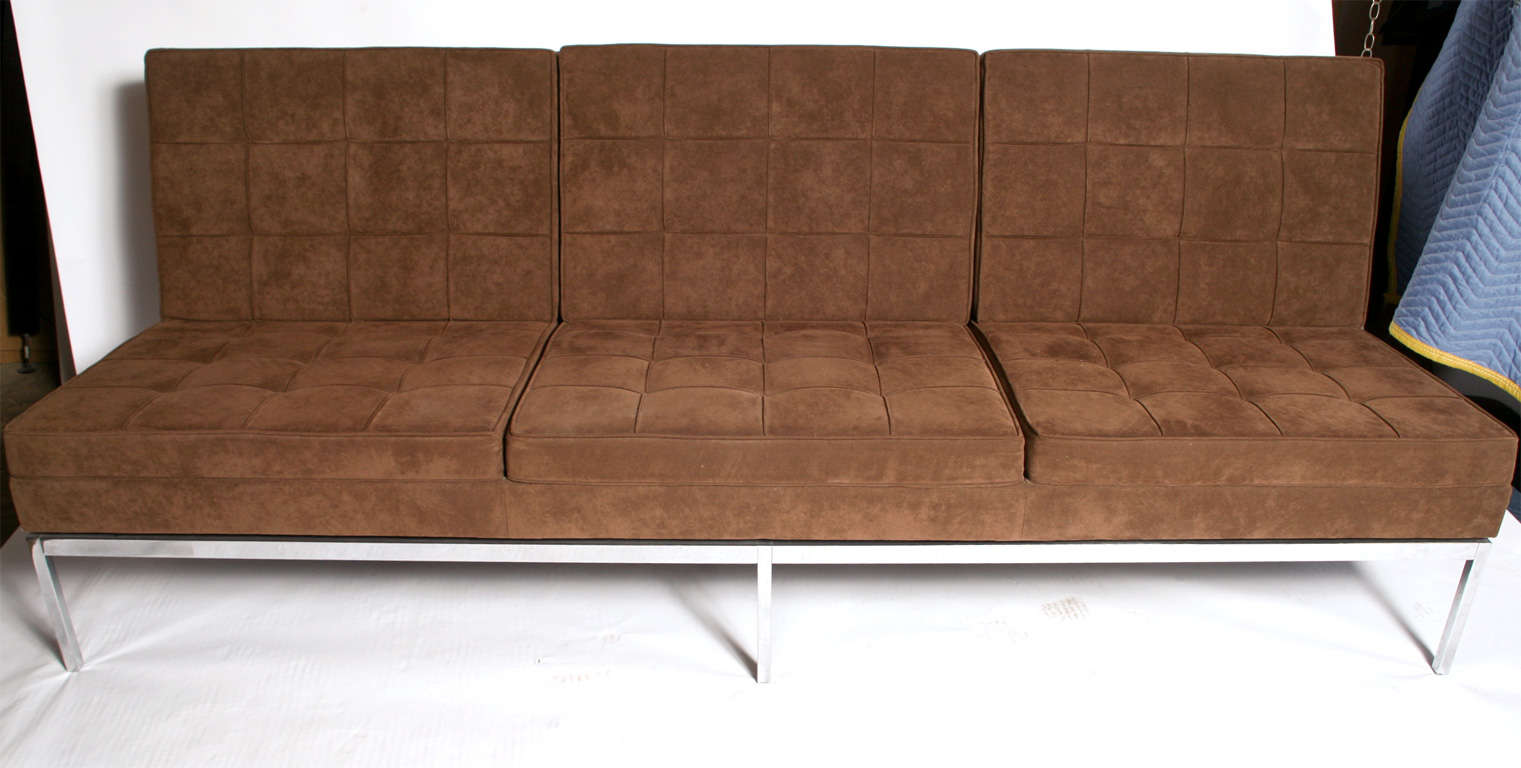 Florence Knoll Sofa,reupholstered by Knoll in Ultra Suede Fabric.

Stainless Steel Base