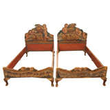 Antique Exceptional Pair Of Painted Beds