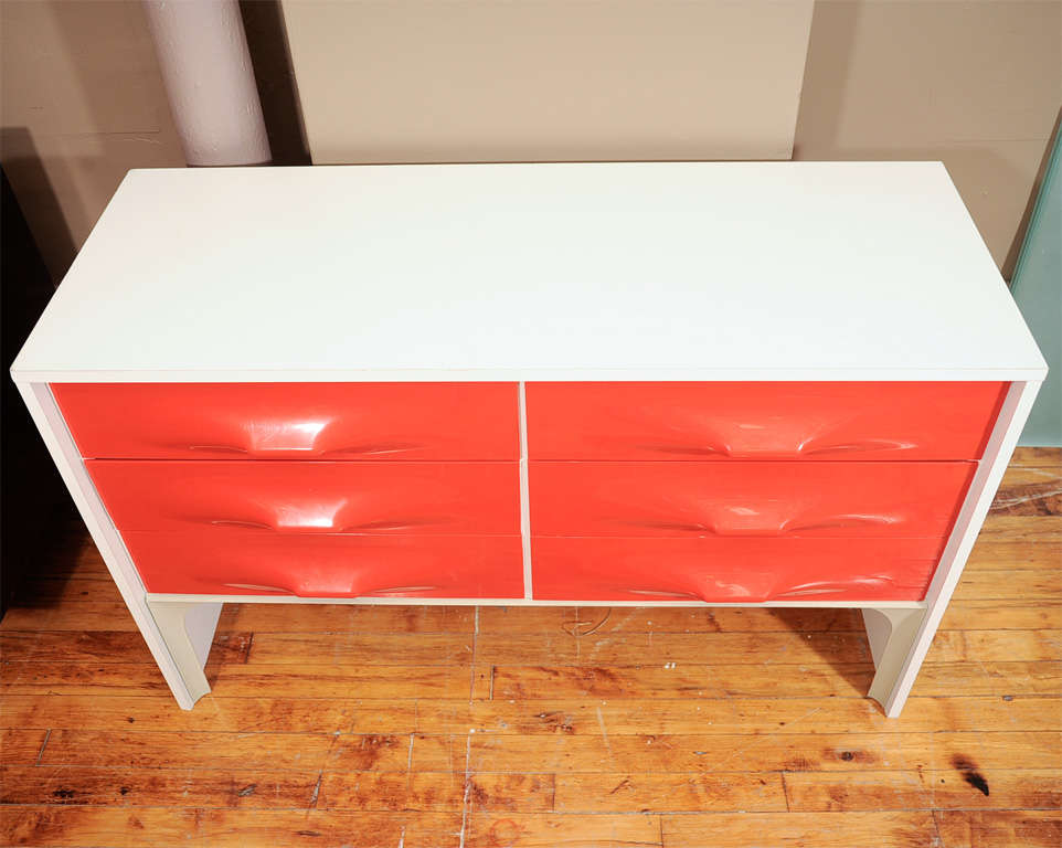 Laminate Raymond Loewy Chest of Drawers in Orange and White For Sale