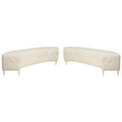 Pair of White Tufted Semi- Circular Benches