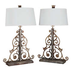 Pair of Iron Scrolled Pattern Lamps on Wood Base