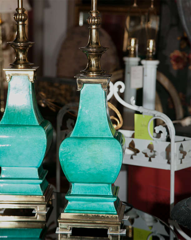 Pair James Mont for Stiffel Green Oriental Motif Lamps