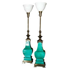 Pair James Mont for Stiffel Green Oriental Motif Lamps