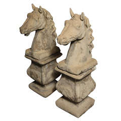 Pair of Cast Stone Horse Heads on Bases