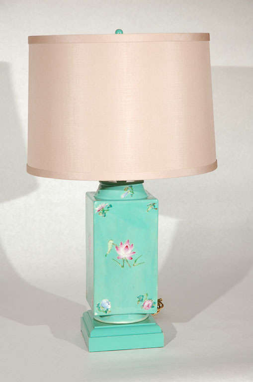 Another beautiful lamp by Haines from the Bel Air, CA estate of F. Hugh and Mary Herbert.  Once again Haines, using a square form Chinese vase decorated in flowers makes a striking lamp mounted on a painted base to match the vase.  The brass