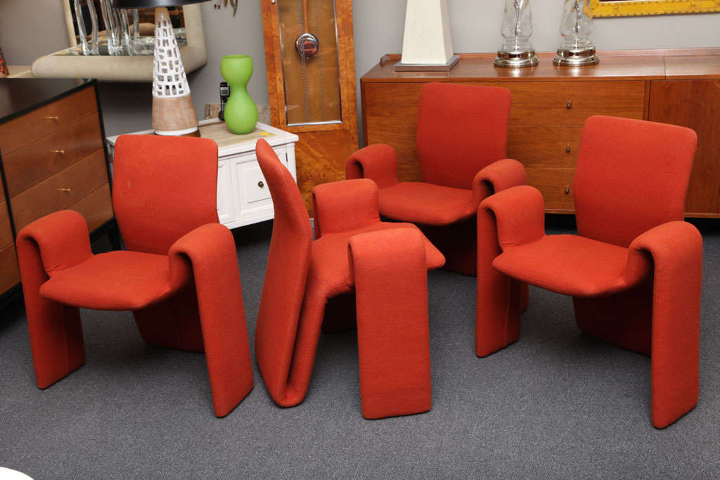 SOLD SOLD Actually looking more like French designer Michel Boyer's PLM chair, this set of four sensuous armchairs were certainly inspired by the same muse who spoke to Pierre Paulin, Olivier Mourgue and Verner Panton among others when they created