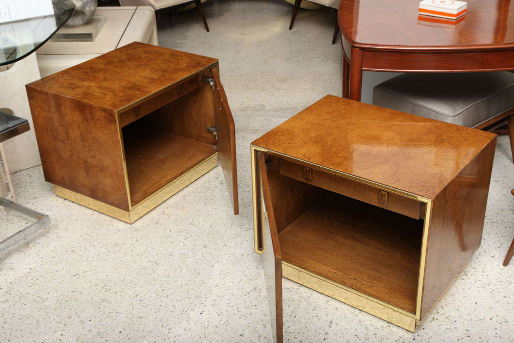 Pair of American Modern Burl Walnut and Brass End Tables 6