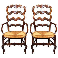 Pair of French Wavy Ladderback Arm Chairs