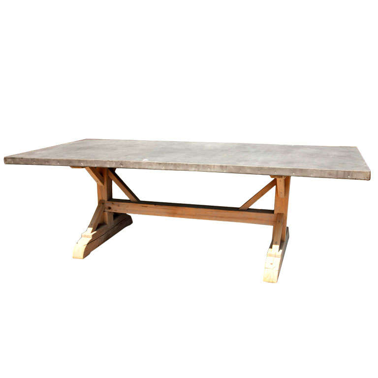 Belgian zinc top/trestle base farm table at 1stDibs