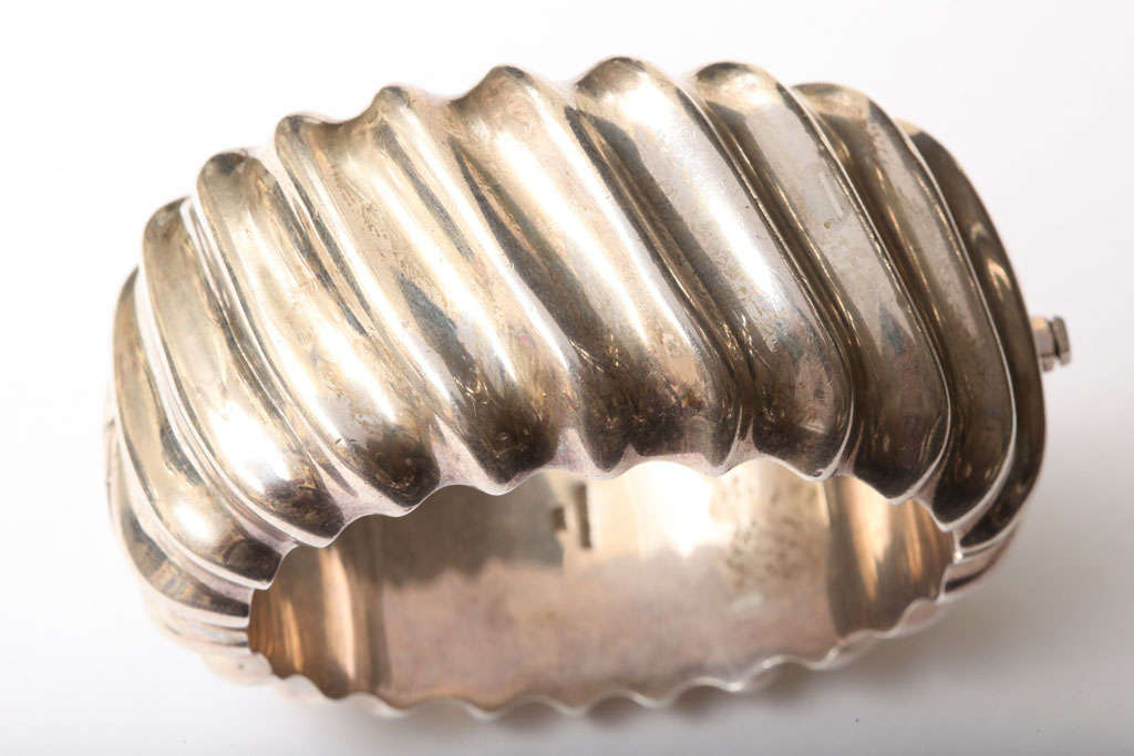 Sterling Silver Signed Mexican Fluted Cuff Bracelet