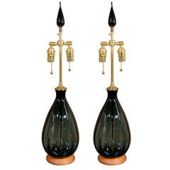 Blenko Blue Smoke Glass Lamps