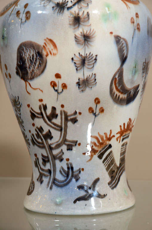 Mid-Century Modern Underwater Sea Life Hand Painted Ceramic Vase