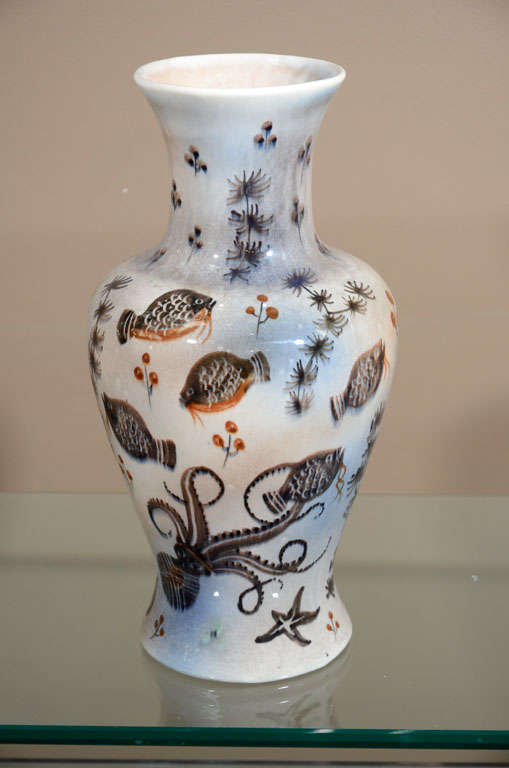 Mid-Century ceramic vase, hand-painted with underwater sea life designs.
 Signed by artist.