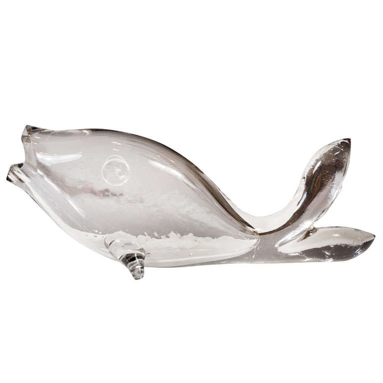 Hand Blown Clear Glass Fish Sculpture by Blenko