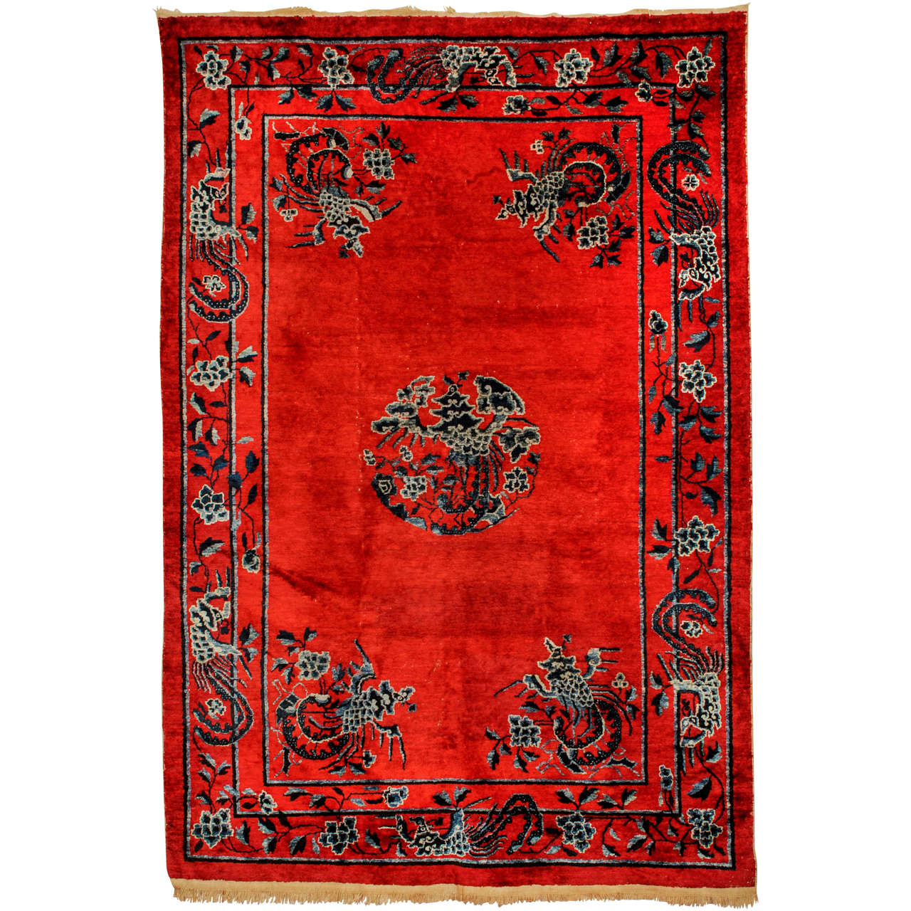 Fine Antique Imperial Chinese Red Silk Rug with Phoenixes For Sale