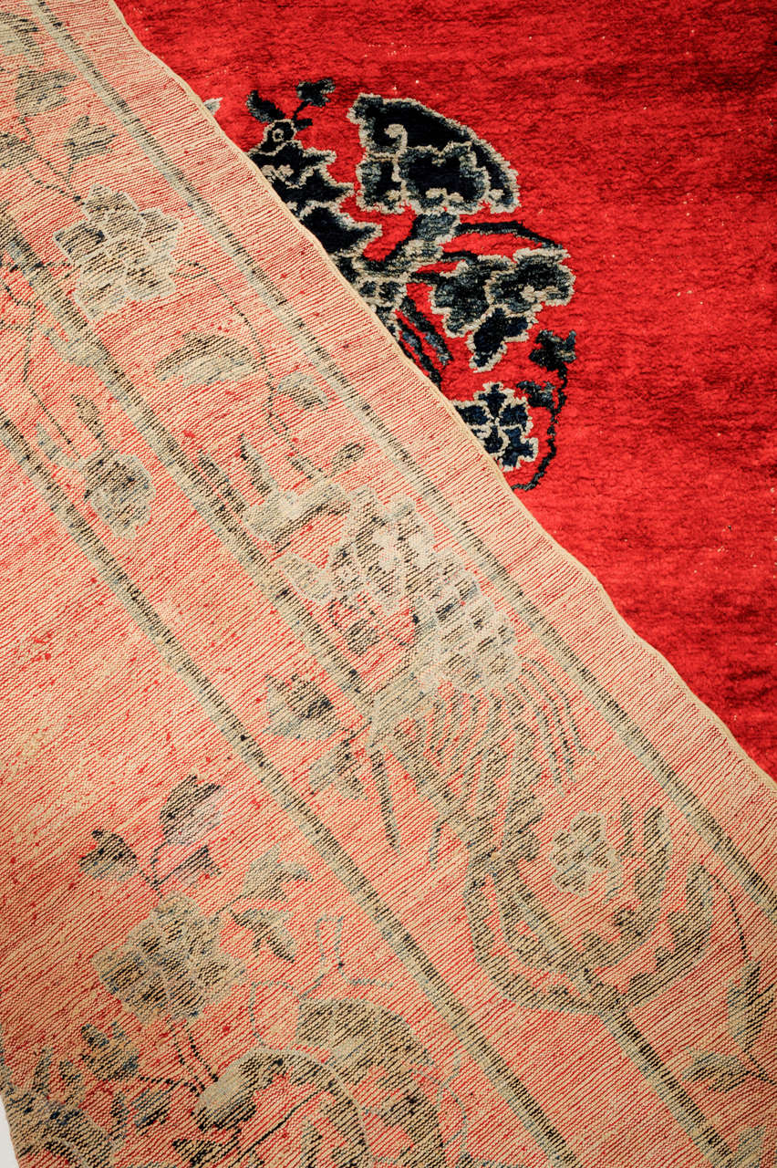 Hand-Knotted Fine Antique Imperial Chinese Red Silk Rug with Phoenixes For Sale
