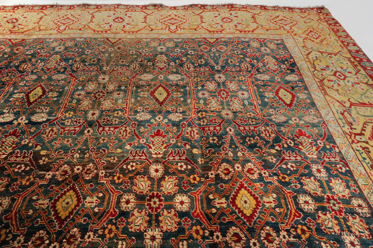 Hand-Knotted Emerald Green Fine Antique Indian Agra Rug For Sale