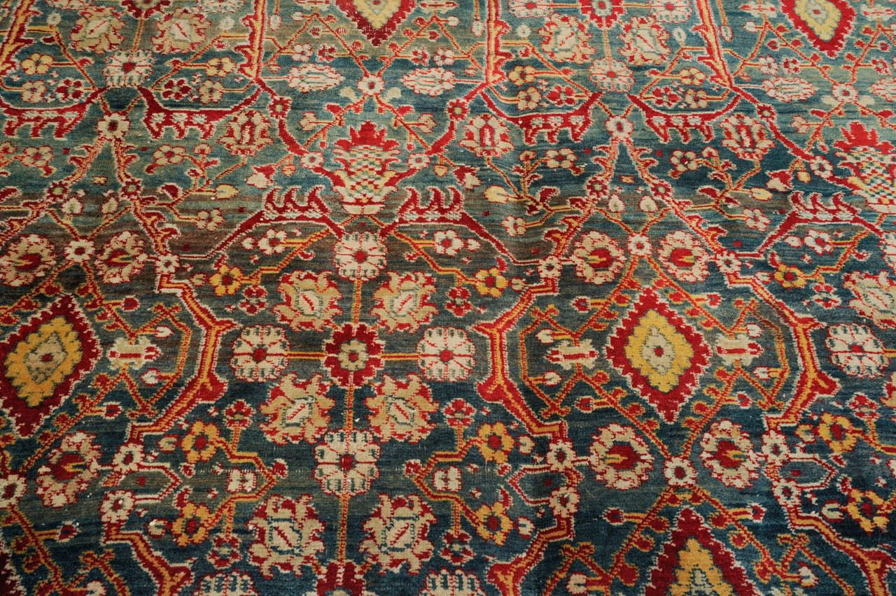 Emerald Green Fine Antique Indian Agra Rug In Excellent Condition For Sale In Milan, IT