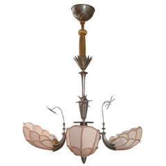 Antique Swedish Art Nouveau Chandelier in Pewter and Silk, circa 1920s