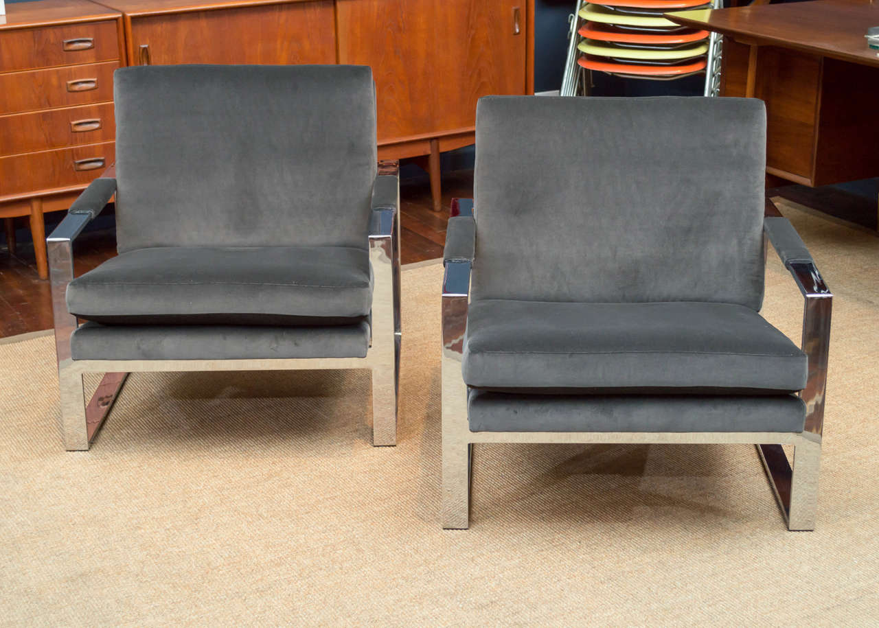Pair of Milo Baughman design lounge chairs for Thayer Coggin, newly upholstered in charcoal velvet.
