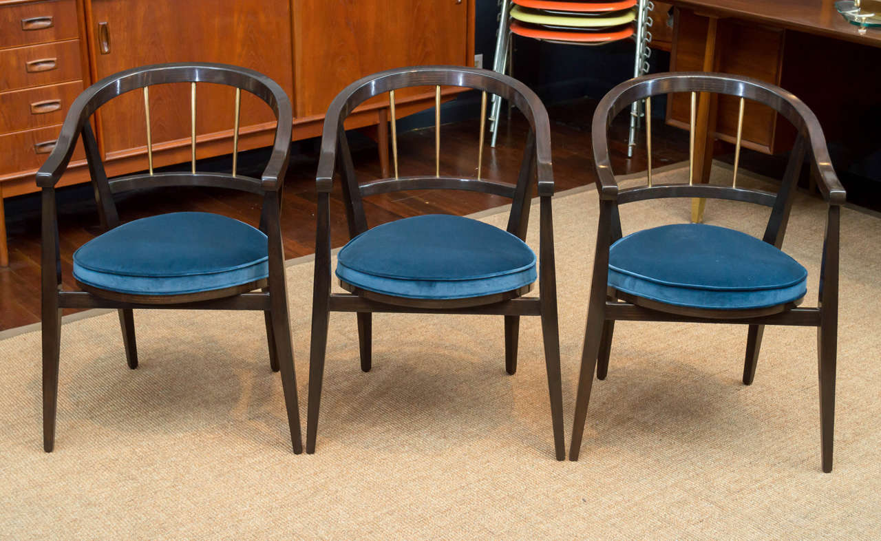 Set of three Edward Wormley design armchairs for Dunbar Furniture Company.
Smart and sophisticated armchairs completely refinished and newly upholstered in velvet. 
Sold individually for $1800.00 each.