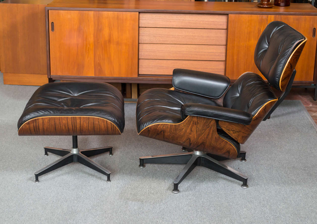 Classic Eames design, the 670 lounge chair and 671 ottoman for Herman Miller, the rosewood paneled and black leather upholstery, circa 1979.
We have another rosewood set in stock, with it being offered at $5900, photos on request.