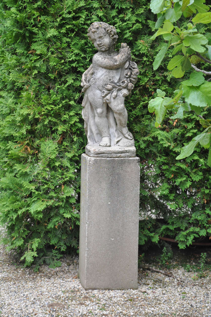 French Cast Stone Cherub Statue on Pedestal, Early 20th Century