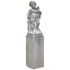 French Cast Stone Cherub Statue on Pedestal, Early 20th Century