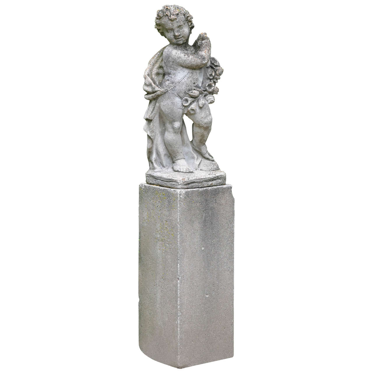 French Cast Stone Cherub Statue on Pedestal, Early 20th Century at 1stDibs