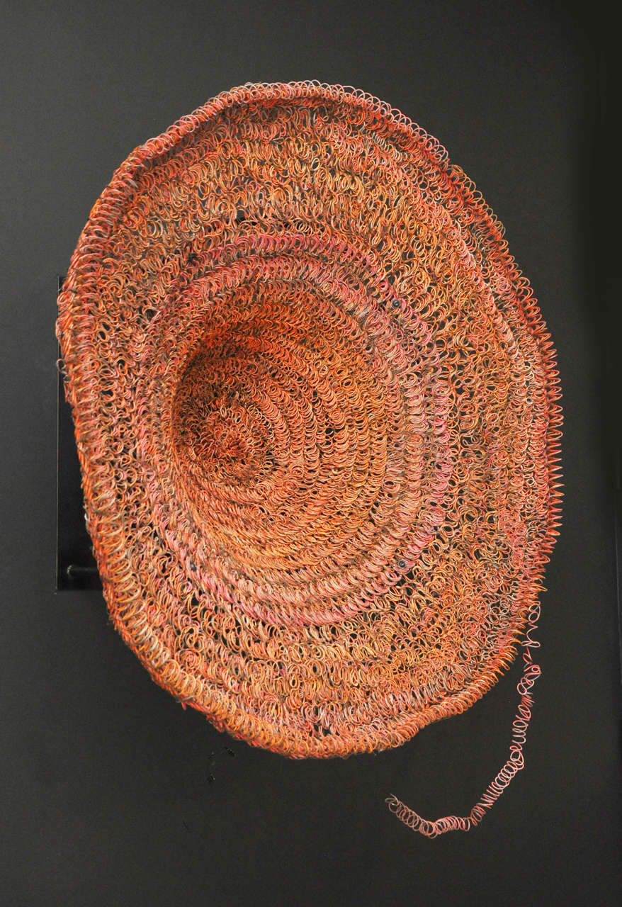 Woven, coiled, pounded wire sculpture by Lucy Slivinski.
Wall hanging or floor piece.
Dramatic and unusual statement piece.