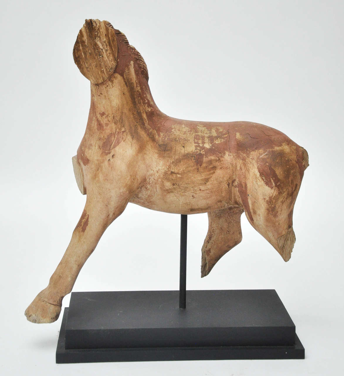20th century French mounted wood horse fragment. Mounted horse fragment found in the South of France. Beautiful decorative object.