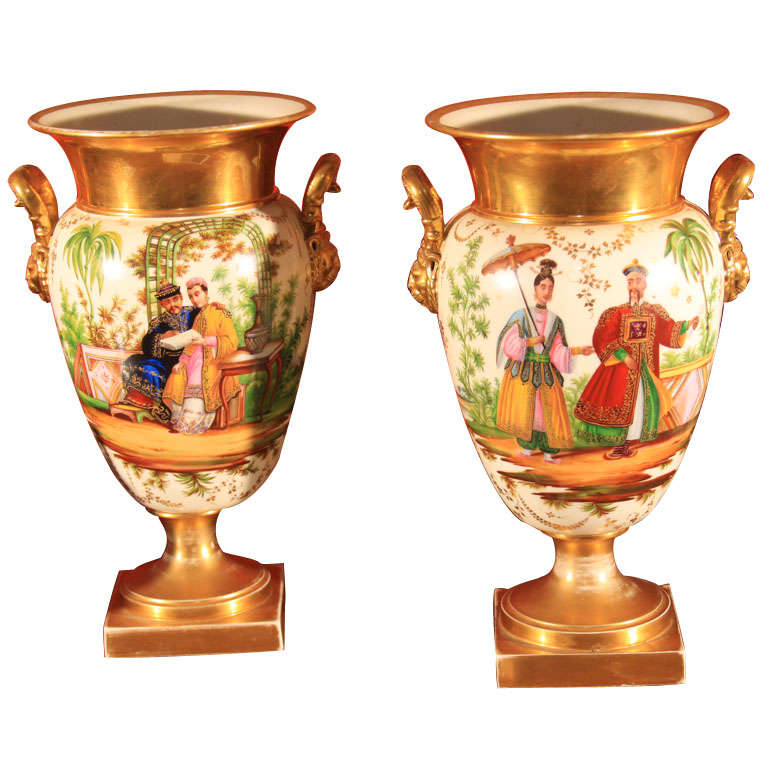 Painted Porcelain and Gilt Urns For Sale