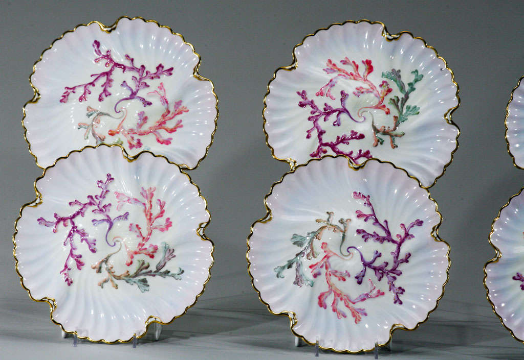 English Set of Six Spode Oyster Plates, Pink, Lavender & Gold-Made for Tiffany's For Sale