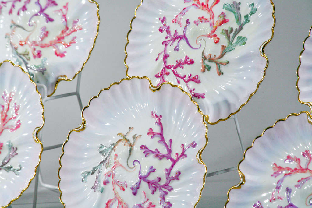 19th Century Set of Six Spode Oyster Plates, Pink, Lavender & Gold-Made for Tiffany's For Sale