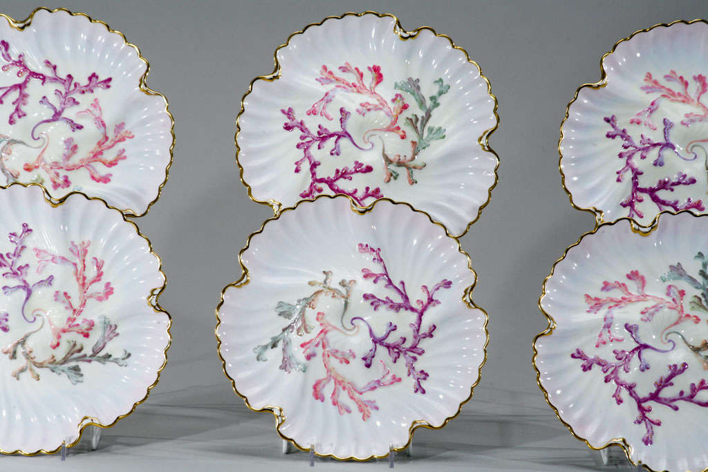 Paste Set of Six Spode Oyster Plates, Pink, Lavender & Gold-Made for Tiffany's For Sale