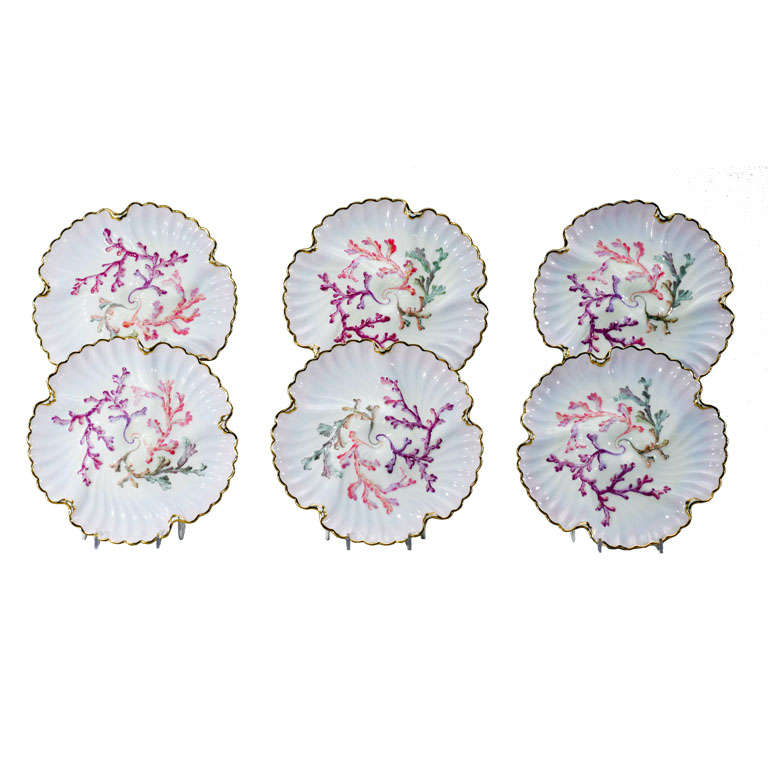 Set of Six Spode Oyster Plates, Pink, Lavender & Gold-Made for Tiffany's For Sale