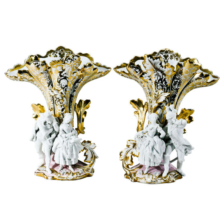Exceptional Pair of "Old Paris" Vases with Parian Figures Git Enamel