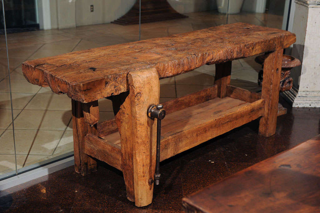 Chunky Ash woodworker's bench with vice; French circa 1820