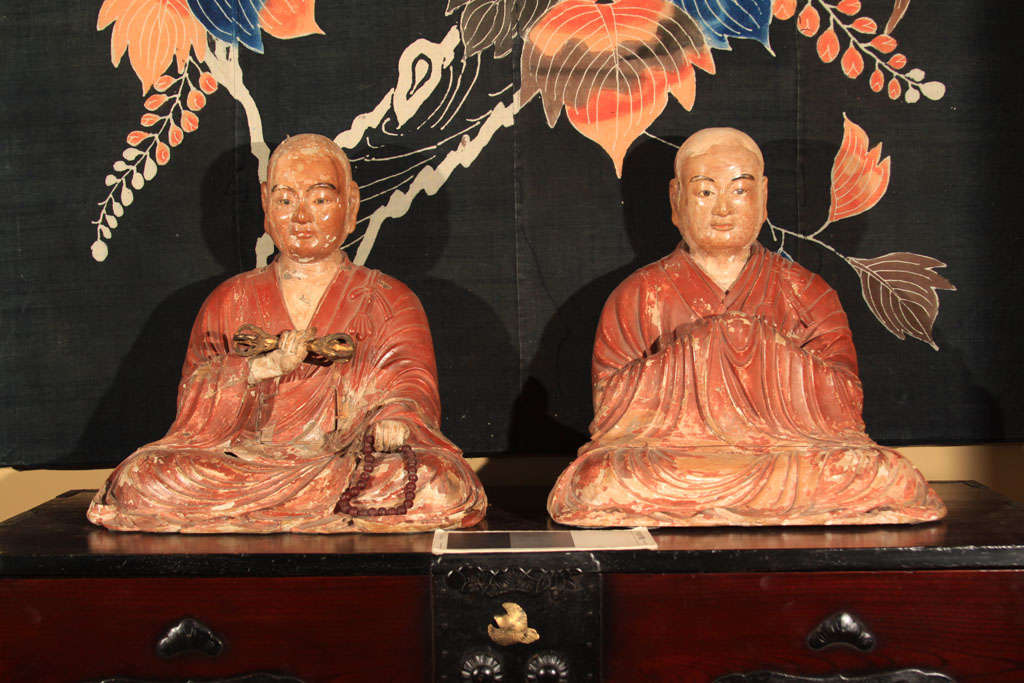 Pair of Japanese Carved & Painted Wood Monks