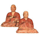 Antique Pair of Japanese Carved & Painted Wood Monks