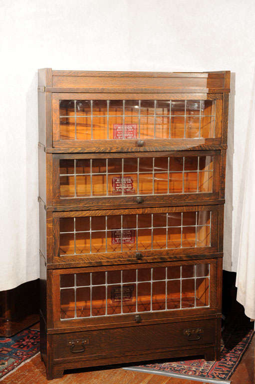 Patinated Arts and Crafts Leaded Glass Bookcase
