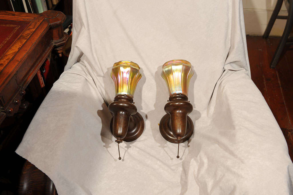 American Pair of Sconces with Steuben Glass