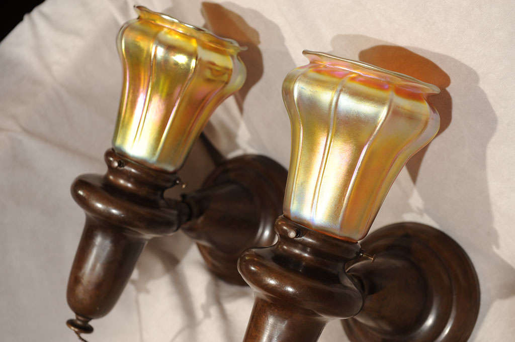 Brass Pair of Sconces with Steuben Glass