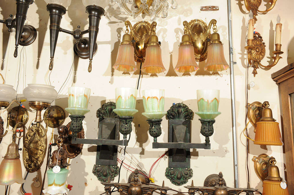 American Pair of Two Arm Cast Bronze Sconces with Period Glass Shades