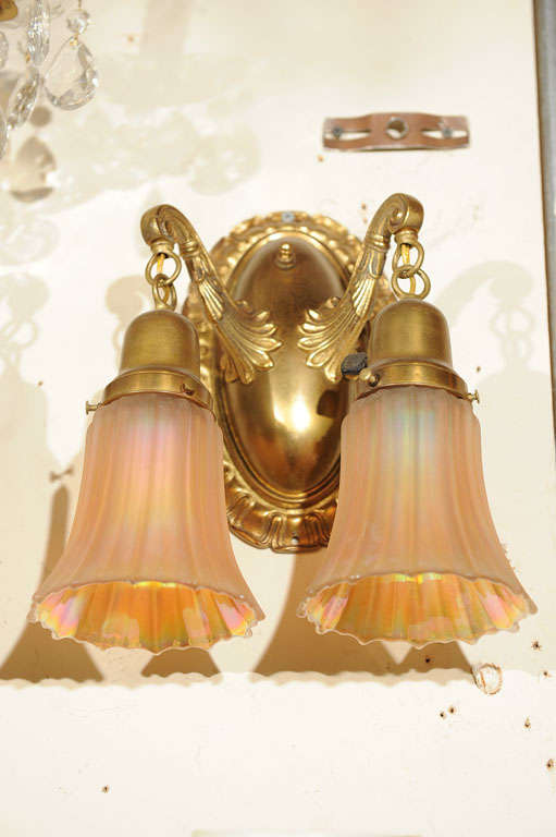 Pair of Two Arm Cast Bronze Sconces with Period Glass Shades In Excellent Condition In Petaluma, CA